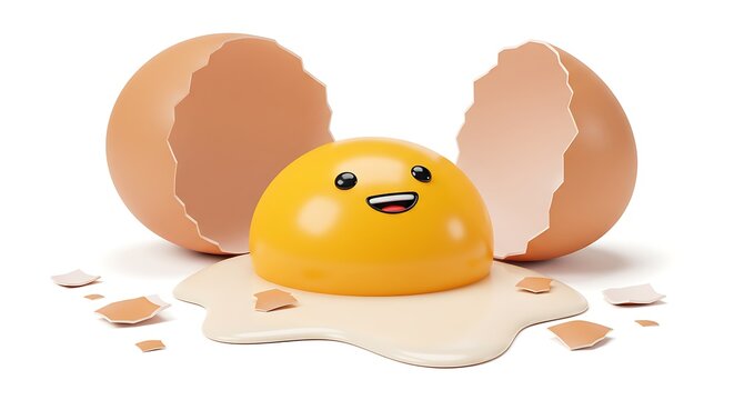 A happy cartoon egg yolk with a smiling face, cracked eggshells, and small shell fragments, isolated on white background