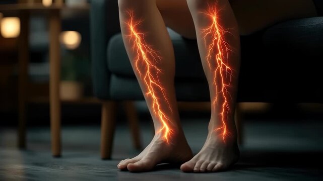 Nerve reaction: lower extremity, varicose pain, creeping impulse, numb tension, sudden twitch, thermal ripple, tissue fatigue, skin chill, vascular twitch, reflex spark, minor sensation.