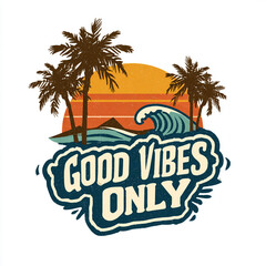 Naklejka premium Good Vibes Only: A vintage-style graphic of a tropical scene promotes positivity with vibrant colors, palm trees, ocean waves, and a setting sun in a retro-inspired design, celebrating good vibes.