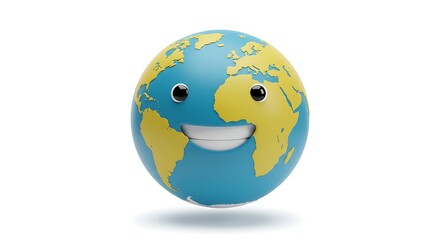 An animated earth character with a broad smile, isolated on white background