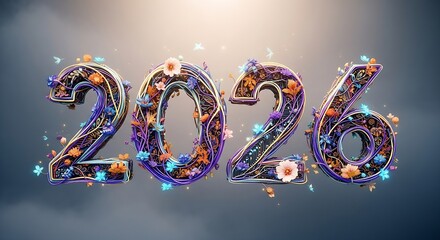 Artistic 2026 number artwork with blooming flowers and butterflies, celebrating the new year and future growth