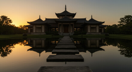 Fototapeta premium Traditional asian architecture in peaceful zen garden with stone pathway