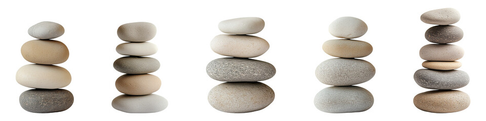 Multiple stacks of smooth, rounded stones are carefully balanced on transparent background