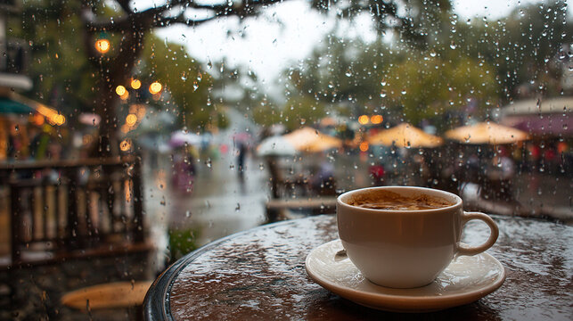 Cup of coffee on the street table in the morning