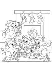 Christmas and New Year coloring page for kids, cute holiday line art illustration, Santa Claus, reindeer, Christmas tree, presents, and festive decorations"