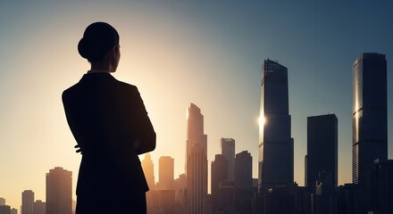 Silhouette of a Businesswoman Gazing at a City Skyline at Sunset