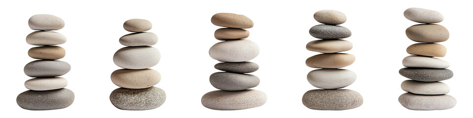 Five stacks of balanced smooth stones are standing tall on transparent background