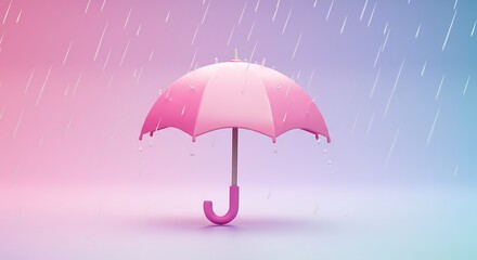 A pink umbrella open in the rain with a pastel gradient background