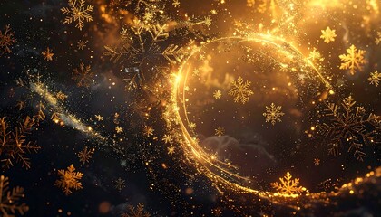 Golden snowflake particles cascade around a glowing, swirling ring against a dark, starry background, creating a festive and magical scene