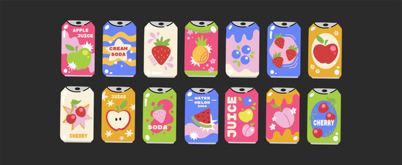 Soda cans and juice drinks set. Cartoon vector of fizzy soda, lemonade, cocktails, fruit juice in retro 90s groovy style