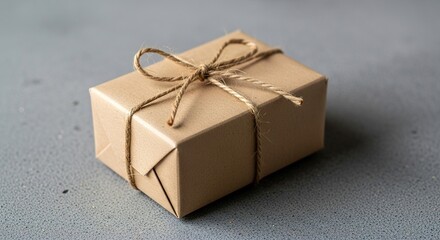 Simple Brown Paper Gift Box Tied with Twine on Textured Gray Sur
