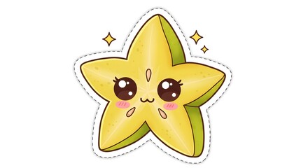 Cartoon starfruit with sparkle eyes, cute kawaii sticker