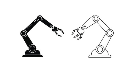 Two robotic arms shown in contrasting black and white line art styles