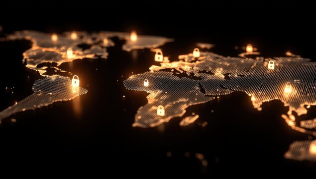 a digital map of the world with glowing padlock icons representing a global security network, set against a dark background Generative AI