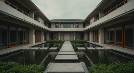 Peaceful modern asian houses reflected on water with stepping stone bridge in serene garden