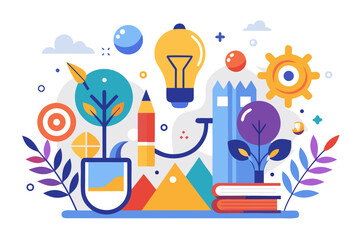 Minimalist vector illustration of two hands sketching a glowing light bulb with a pen, symbolizing creativity, brainstorming, innovation, imagination, and idea generation. Perfect for business present