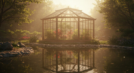 Contemporary wooden greenhouse with tropical plants and reflective garden pond