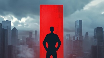 A silhouette of a person standing before a towering red monolith in a futuristic cityscape under a stormy sky - Powered by Adobe