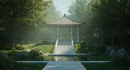 Modern asian-style gazebo framed by trees and nature in a calm garden setting
