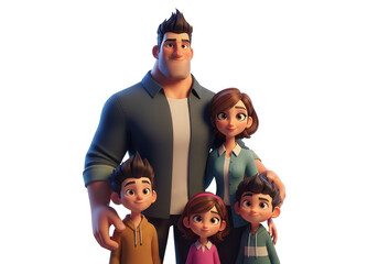 Animated family portrait featuring father mother and three children in modern attire transparent background