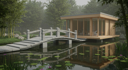 Zen-inspired wooden house reflected on peaceful water with lily pads and garden