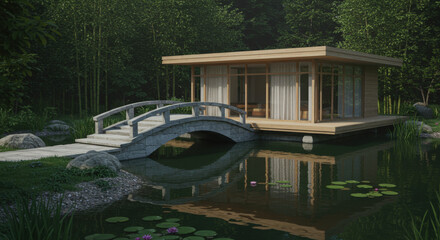 Serene lakeside Japanese villa and curved stone bridge surrounded by greenery
