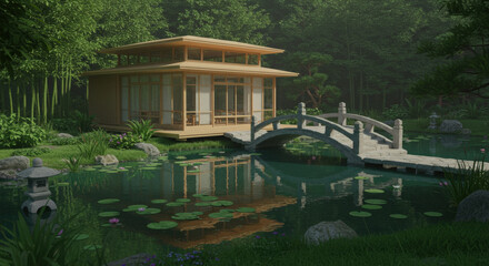 Traditional Japanese house with arched bridge over tranquil pond in lush garden