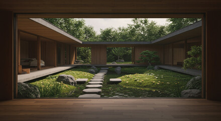 Peaceful Japanese courtyard garden framed by minimalist wooden architecture at sunset