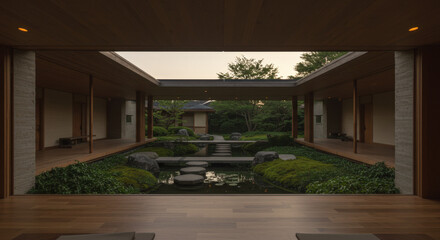Modern Japanese zen courtyard with traditional architecture and peaceful garden viewed through covered walkway