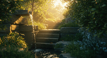Ancient stone steps leading through mystical forest path with golden sunlight filtering through trees