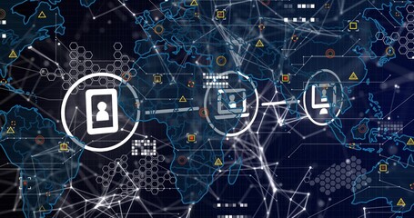 Displaying profile icon inside circle connecting continents on world map with network nodes overlay