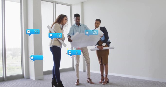 Three architects in suits analyzing architectural plans by office windows, with social media icons