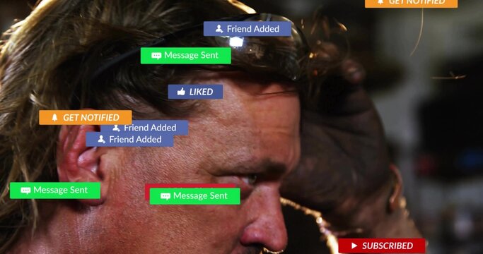 Boxer wearing headband pressing glove against sweaty head in boxing ring with notification icons - Powered by Adobe