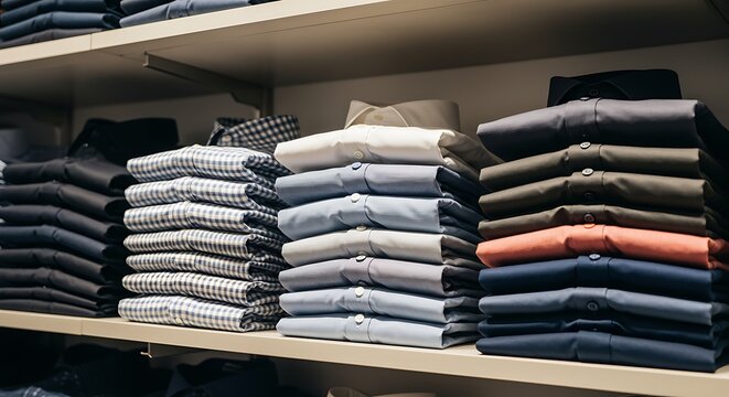 Neatly folded stacks of mens dress shirts in various colors on shelves