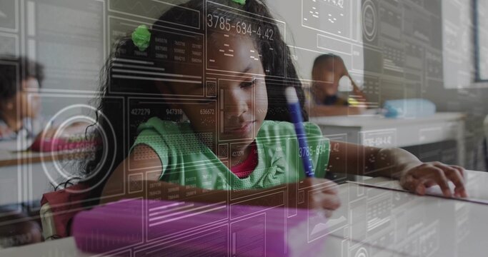 Writing girl wearing green sweater in primary school classroom, with blue pen, digital overlay