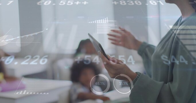 Gesturing female instructor holding digital tablet in classroom, with data overlays, copy space