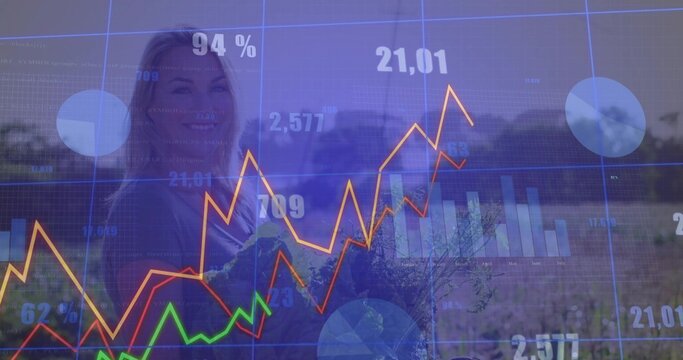 Standing white businesswoman in grass field, with financial graphs and charts overlaying scene - Powered by Adobe