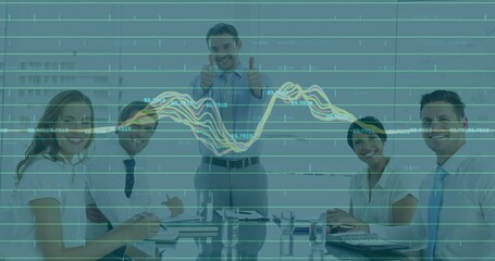Gesturing thumbs up manager leading meeting at office conference table, with digital graph overlay