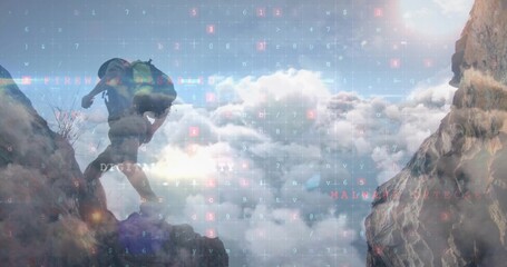 Climbing male climber navigating alpine ridge with backpack, boots and grid overlay, copy space