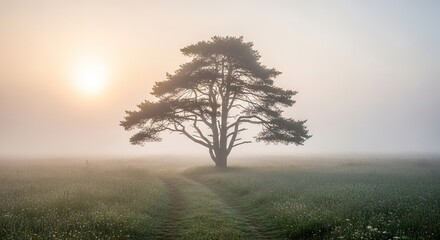 Obraz premium Solitary Pine Tree Silhouetted in Misty Meadow at Sunrise with P