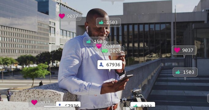 Checking social media alerts, man wearing shirt holding phone, coffee cup on terrace with bicycle - Powered by Adobe