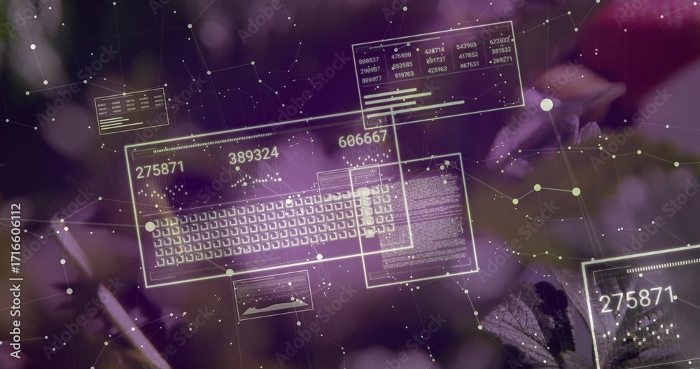 Wall mural displaying ar interface over purple floral backdrop with keyboard, numeric panels and network nodes