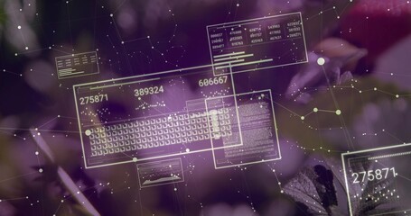 Displaying AR interface over purple floral backdrop with keyboard, numeric panels and network nodes