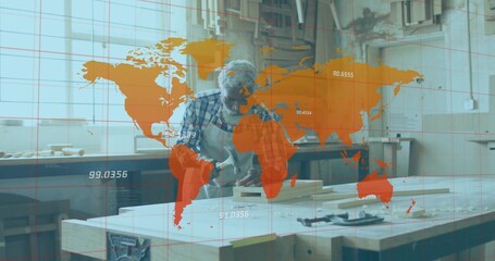 African American carpenter apron-clad shaping plank using plane at workbench with world map overlay