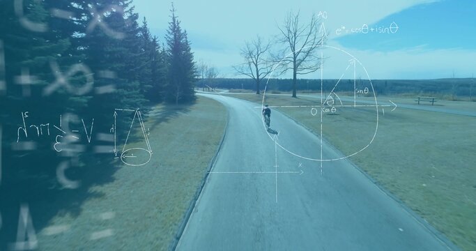 Fototapeta Riding teenage bicyclist pedaling along park path with helmet and floating equations, copy space