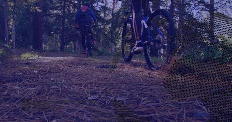 Fototapeta premium Two riders wearing hooded jacket and leggings cycling along pine forest trail, with bikes, backpack