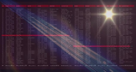 Showing monospaced data screen scrolling at cyber terminal, with masked credentials and lens flare