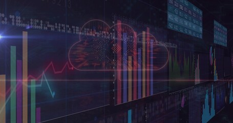 Displaying stylized cloud icon overlaying colorful bars and line graphs in dashboard analytics