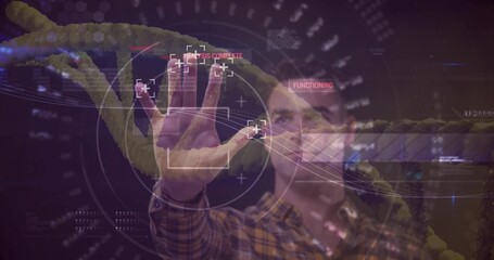 Man wearing plaid shirt manipulating holographic interface in lab, displaying glowing DNA helix