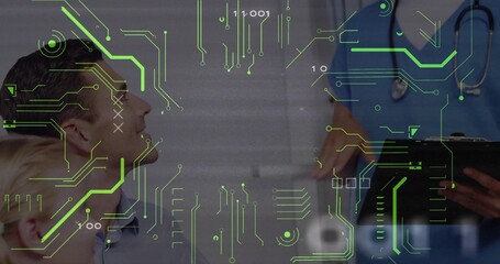 Examining family in exam room in scrubs with clipboard, stethoscope and circuit overlay, copy space